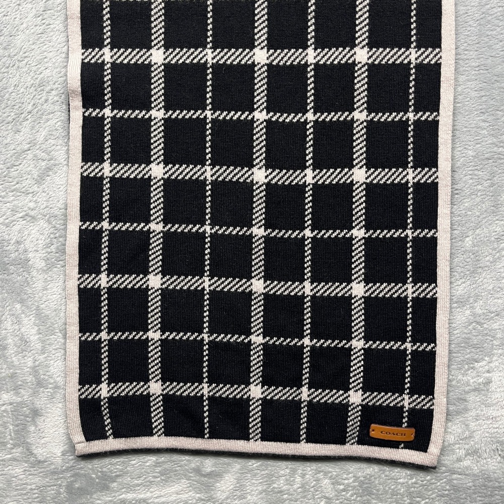 Coach Scarf Black Ivory Reversible Plaid Wool Cotton Knit Leather Logo - Picture 6 of 16
